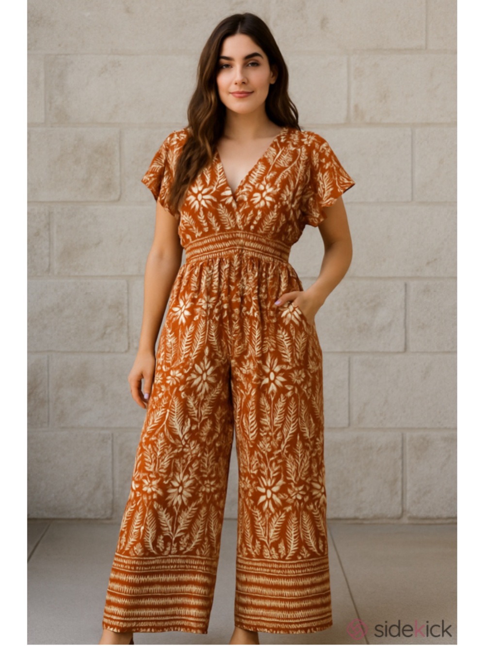 NEW Women's Sapphire Floral Jumpsuit 2X Brown Beige Wide Leg